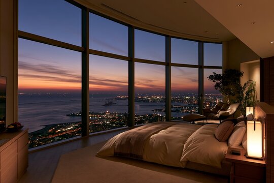 絶景が広がる高級ホテル高層階ベッドルームの夕暮れ夜景