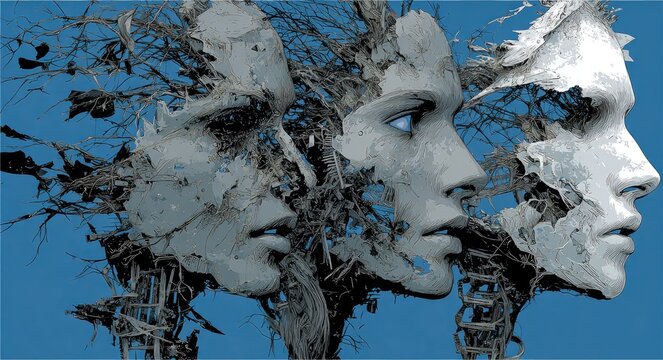 Abstract faces interwoven with tree branches, muted greys and blues