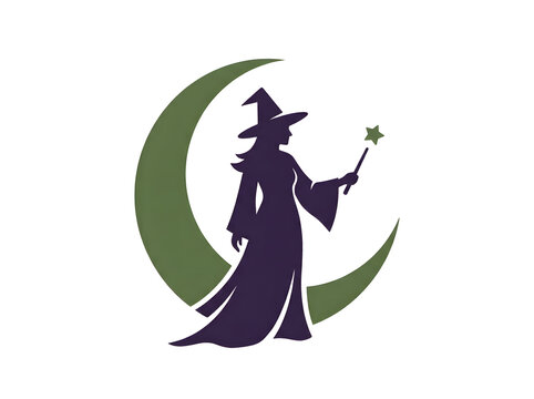 Silhouette of a witch in a pointed hat holding a magic wand standing in front of a crescent moon with night sky