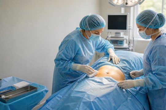 Surgeons preparing abdomen for surgery in sterile operating room