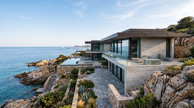 Luxury modern villa perched on rocky coastline with infinity pool and glass walls, stunning ocean view, architectural masterpiece, exclusive real estate property, summer vacation