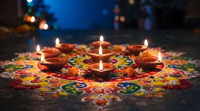 A radiant diwali celebration with vibrant diyas illuminating the darkness symbolizing the triumph of light over evil