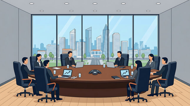 Business professionals in a modern boardroom discussing strategy with city skyline view