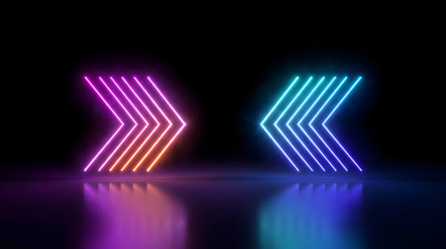 Neon Glowing Chevron Arrows Pointing Inward with Vibrant Multicolor Light Trails on a Reflective Dark Background for Modern Digital Design
