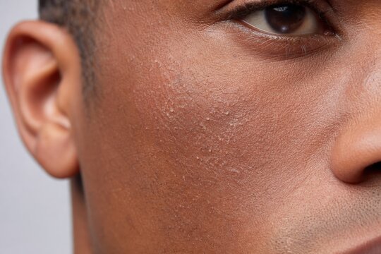 Close-up of dry flaky skin irritation on dark-skinned man's face