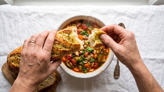 Hands breaking fresh garlic bread over a bowl of hot vegetable soup for a cozy meal