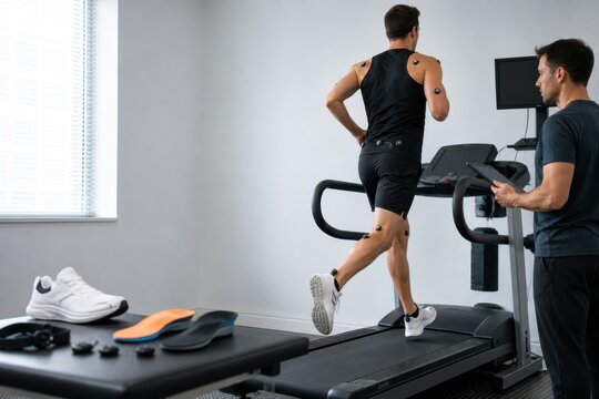 Man running on treadmill for motion analysis in sports lab