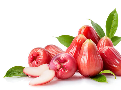 Premium commercial arrangement of fresh rose apples forming a gentle flowing composition, whole fruits surrounded by a few thin slices, crisp juicy appearance