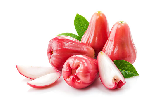 Premium commercial arrangement of fresh rose apples forming a gentle flowing composition, whole fruits surrounded by a few thin slices, crisp juicy appearance