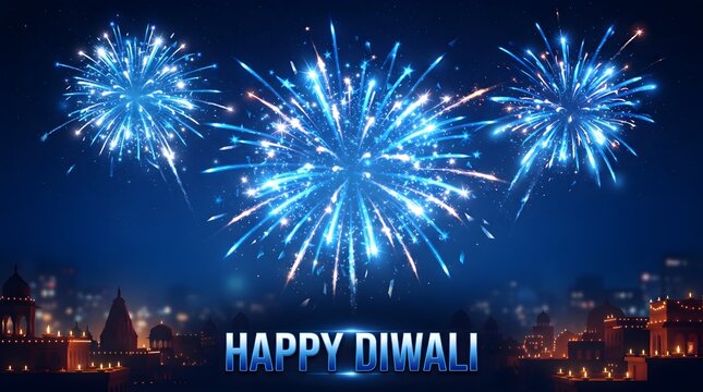 Beautiful blue fireworks display over a city skyline celebrating the festive occasion of happy diwali night festival