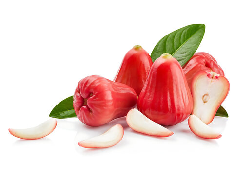 Premium commercial arrangement of fresh rose apples forming a gentle flowing composition, whole fruits surrounded by a few thin slices, crisp juicy appearance
