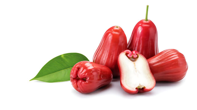 Fresh rose apples arranged elegantly in a balanced composition, several whole fruits with one sliced open to reveal crisp pale flesh, realistic glossy skin texture, soft natural studio lighting