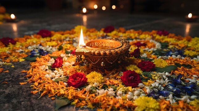Beautiful glowing oil lamps placed on a colorful flower rangoli decoration for the traditional indian diwali festival celebration