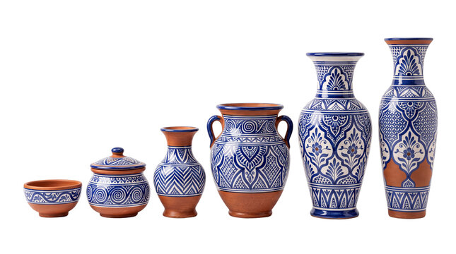 Traditional Moroccan ceramic pottery set, blue and white hand-painted clay vases, artisanal Mediterranean terracotta vessels isolated PNG with Transparent Background