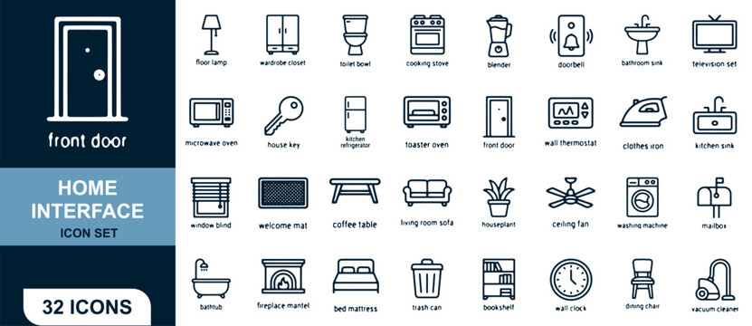 Home Interface Icon Set with Kitchen, Bathroom, and Living Room Appliances