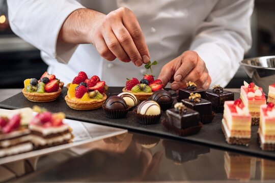 Pastry Chef Garnishing Mini Fruit Tarts and Petit Fours