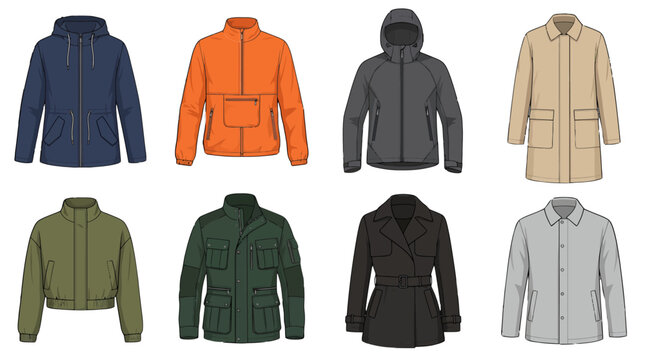 Collection of Eight Fashion Garments Vector Flat Sketches Featuring Outdoor Jackets, Trench Coats, and Parkas for Apparel Design and Technical Specification Sheets isolated on white background