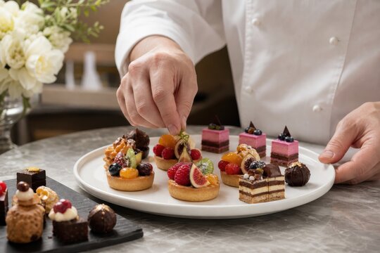 Chef garnishing elegant mini fruit tarts and petit fours