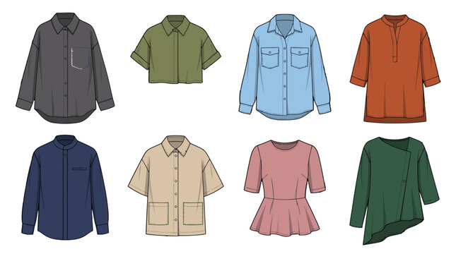 Vector collection of eight fashion garments including button-down shirts, tunics, and peplum tops in diverse colors for professional apparel design and templates. isolated on white background