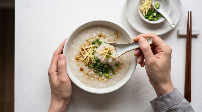Person holding a ceramic spoon and bowl of warm rice porridge with fresh herbs for a healthy morning meal.