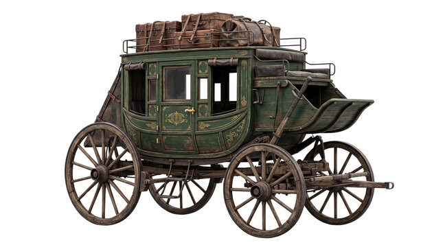 Vintage green stagecoach with wooden luggage, antique horse-drawn carriage on white background, rustic western transport wagon