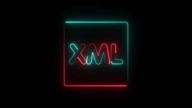 Neon xml logo sign glowing on black background