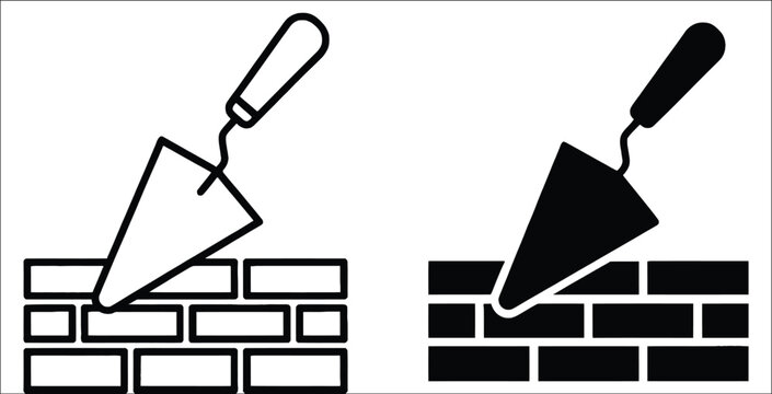 Brick wall and trowel construction icon, masonry building tool symbol representing brickwork, renovation, repair, architecture and construction