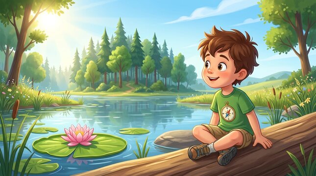 Cute cartoon boy sitting on wooden log by serene lake, lush pine forest background, pink water lily illustration, summer nature scene, vector art