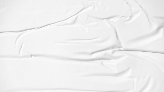 Crumpled paper texture overlay effect PNG, white paper wrinkled poster template, blank glued creased paper sheet mockup. white poster mockup on wall.