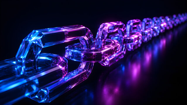 A glowing chain with transparent, faceted links reflecting blue and purple neon light surface 3d rendered
