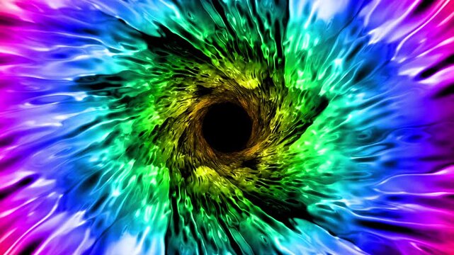 虹色のカラフルな液体が渦巻くトンネルへ吸い込まれる抽象背景 4K