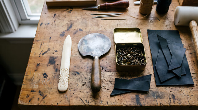 Artisan leathercraft tools with round head skiving knife, carved bone folder, brass rivets in tin, and black leather scraps on rustic wooden workbench for Halloween DIY craft