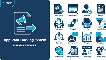 Naklejka premium Comprehensive Set of Professional Recruitment and Talent Management Icons for Human Resources Systems