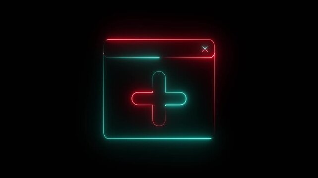 Neon glowing plus sign inside a digital window frame