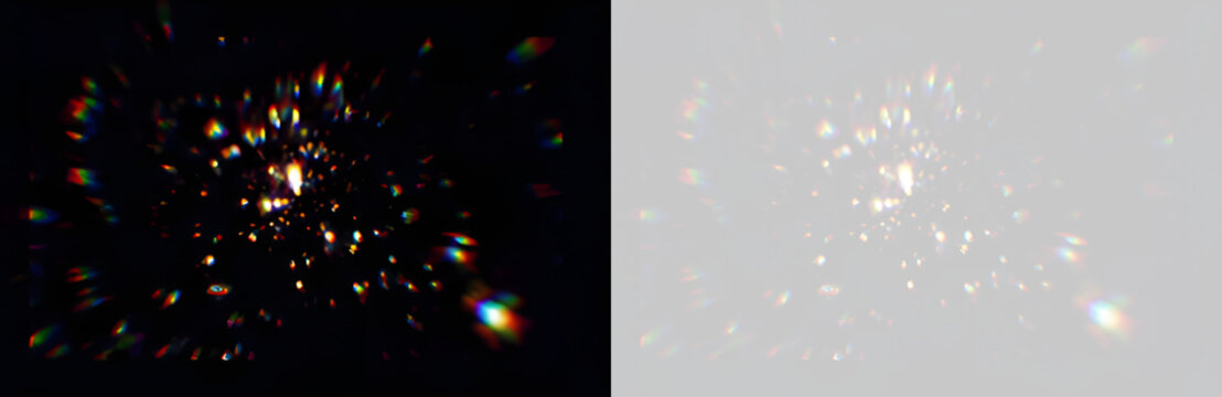 クリスタルの虹色プリズムが生み出す抽象的な光の輝き、透明なジュエリーとダイヤモンドのような反射、カラフルなスペクトル、フレア、ボケ、光線、グロー効果の背景