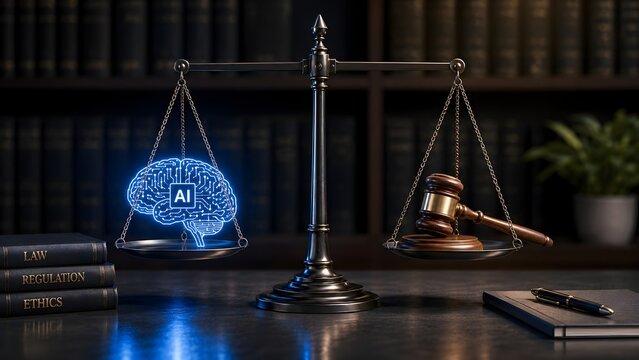 Vintage brass scales balancing glowing artificial intelligence brain and wooden judge gavel representing AI ethics and legal regulation