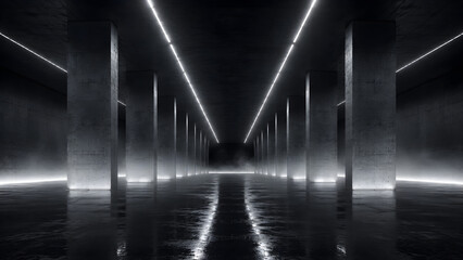 Fototapeta premium A dark futuristic concrete tunnel with glowing light strips and misty reflections on a wet floor 3d rendered