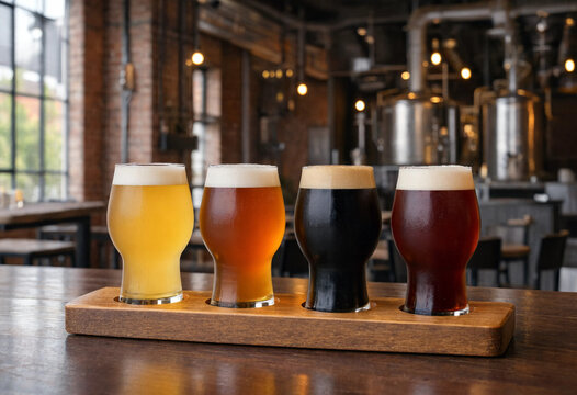 Four craft beers lined up on a wooden tray