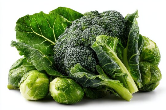 Fresh green broccoli and Brussels sprouts with leafy greens arranged together on a white background showcasing vibrant colors and textures of vegetables