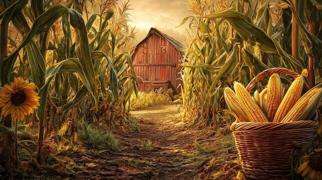 Autumn Cornfield Path Leading to Red Barn with Harvest Basket