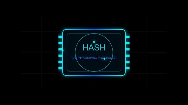 Digital hash cryptographic processor animation with glowing blue circuit interface
