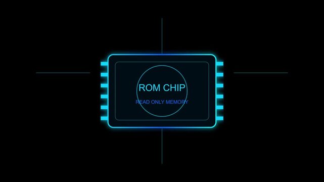 Glowing digital ROM chip animation showing complex semiconductor circuit board motion