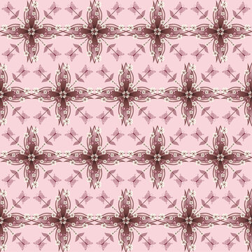 Elegant Floral Seamless Pattern with Ornamental Leaves, Butterflies, and Vintage Pink Aesthetic