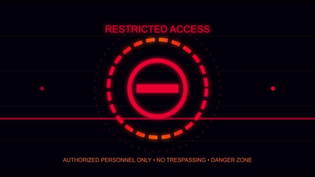 Restricted access digital motion footage showing glowing neon warning signs