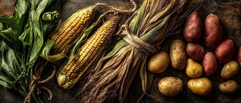 Rustic Harvest Still Life with Corn, Potatoes and Sweet Potatoes on Soil