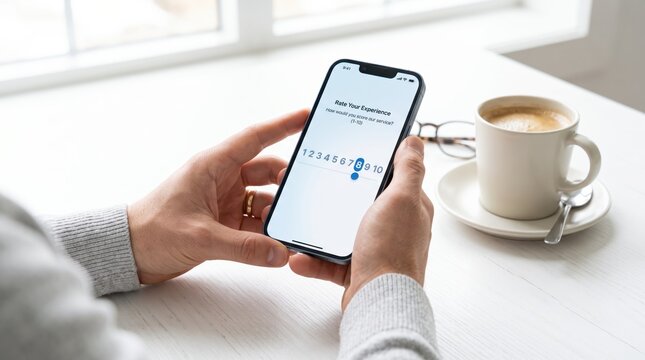Close up of hands holding smartphone displaying rate your experience survey scale one to ten, customer satisfaction feedback, service quality evaluation, and user review