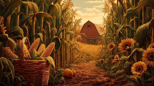 Golden autumn cornfield with sunflowers, pumpkins, basket, and red barn