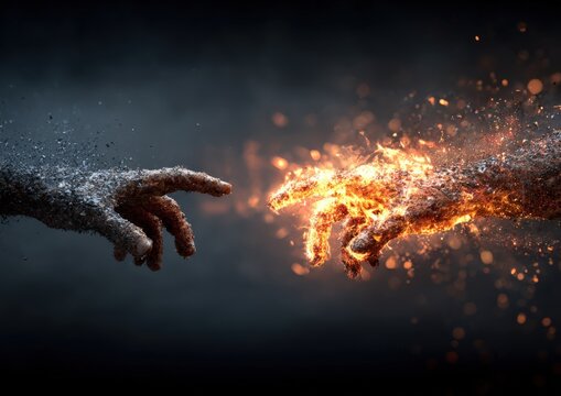 Hands made of particles and flames reaching towards each other against a dark background, symbolizing the connection between different elements and forces