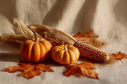 Autumn Harvest Still Life with Pumpkins, Ornamental Corn, Dried Husks and Fallen Leaves