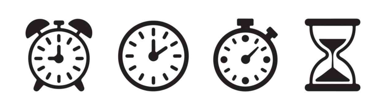 Black minimalist clock alarm stopwatch and hourglass icons set for scheduling and timing concept.